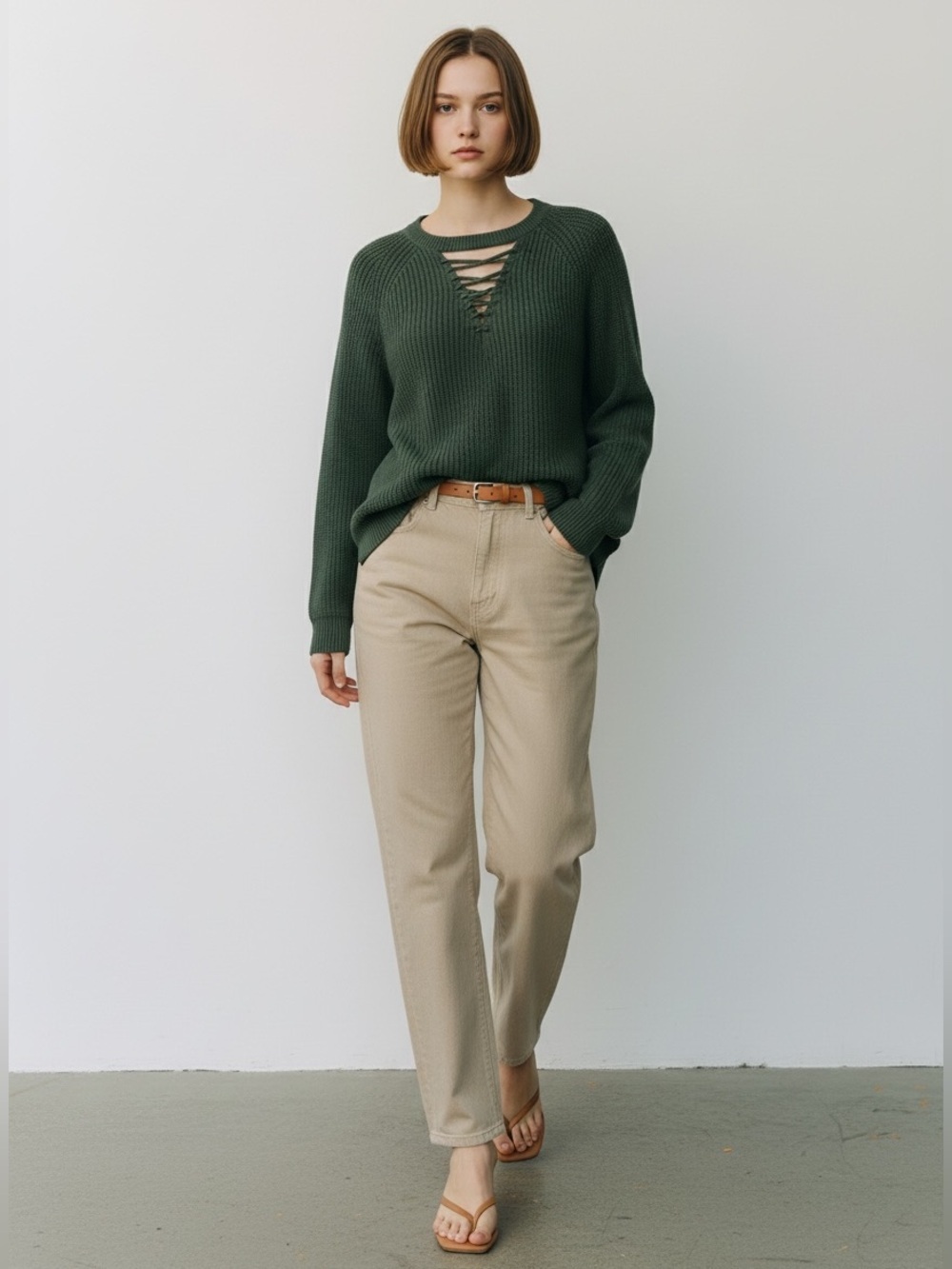 Devoted Green Sweater Lace Tie Front Keyhole Neckline High Low Hem Size Small